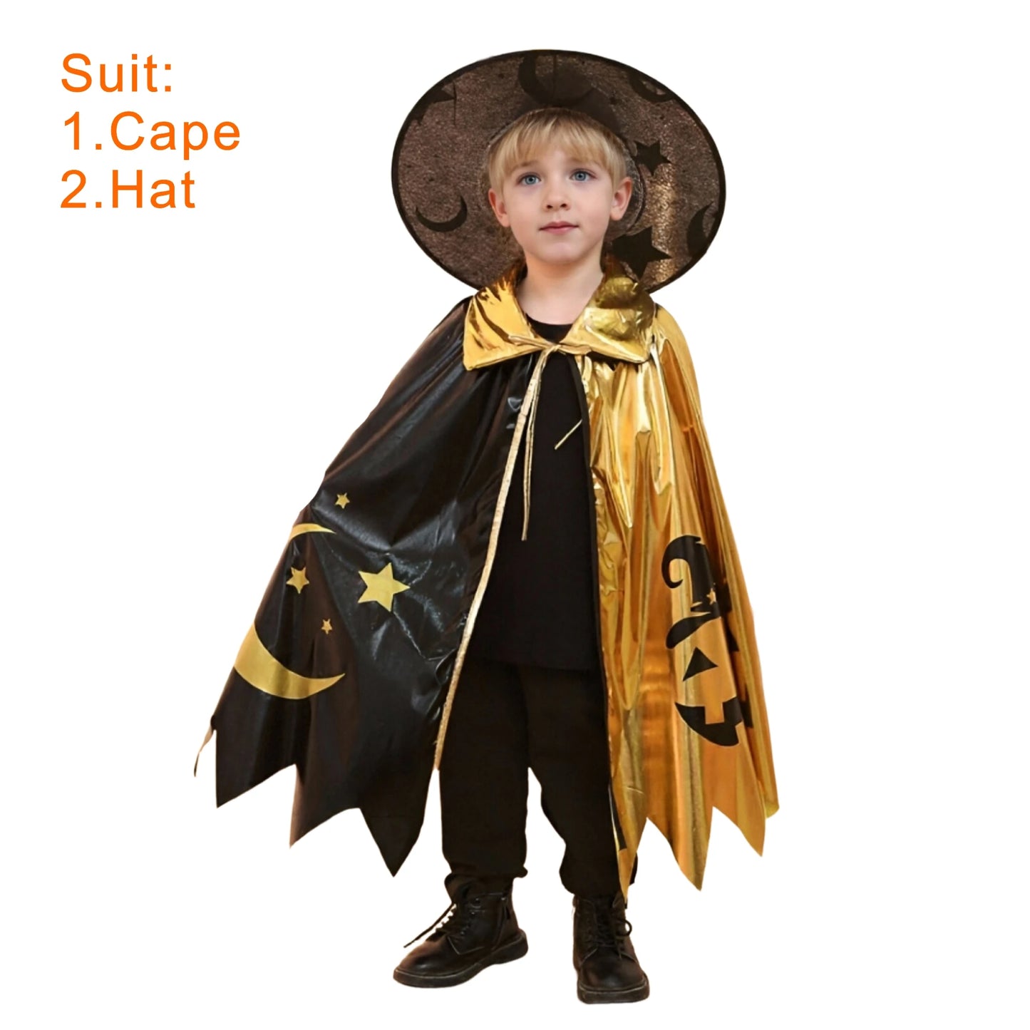 Halloween Wizard Cosplay Costume for Kids Gold Black