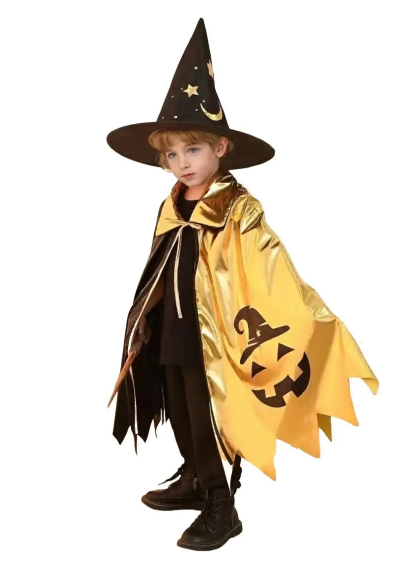 Halloween Wizard Cosplay Costume for Kids Gold Black