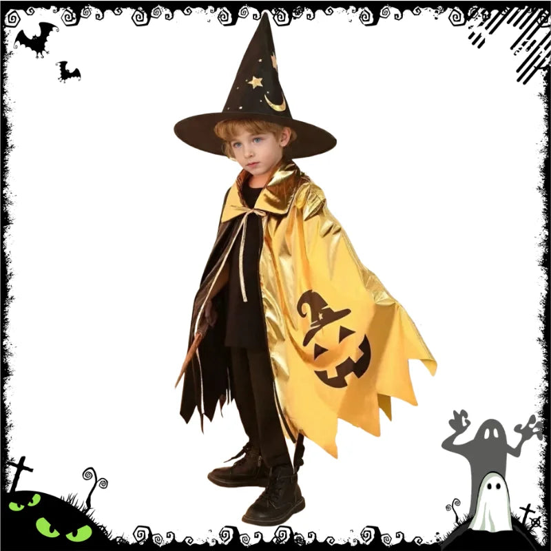Halloween Wizard Cosplay Costume for Kids Gold Black